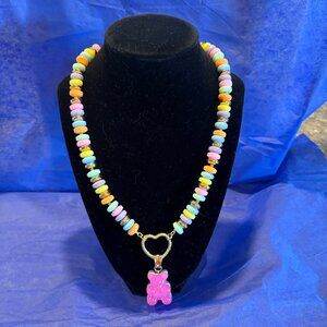Betsey Johnson Gummy Bear Necklace Multicolor Candy Beaded Heart Pendant Y2K